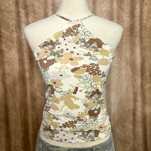 Vintage Y2K Floral Print High Neck Choker Tank Top Low Back Boho Fairy Mod Indie